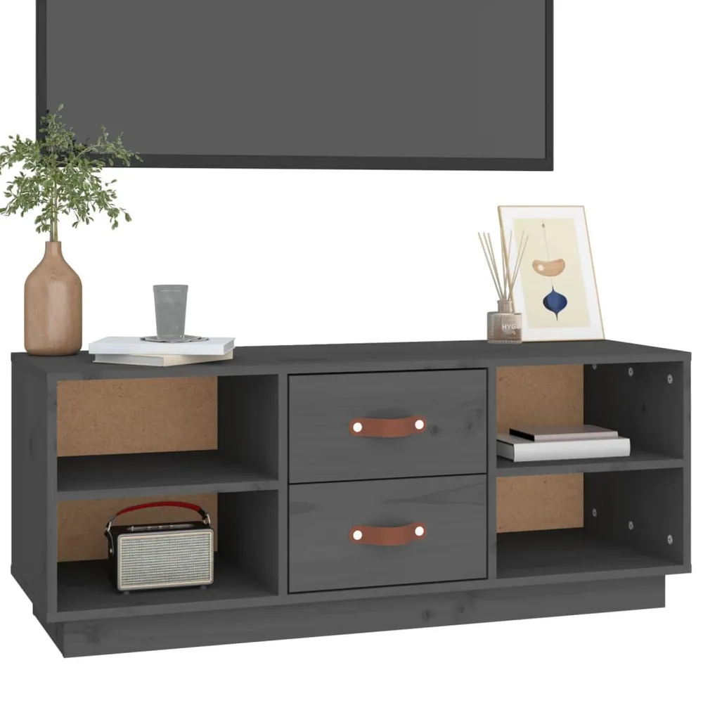Móvel de TV 100x34x40 cm madeira de pinho maciç cinzento com Fios Organizados