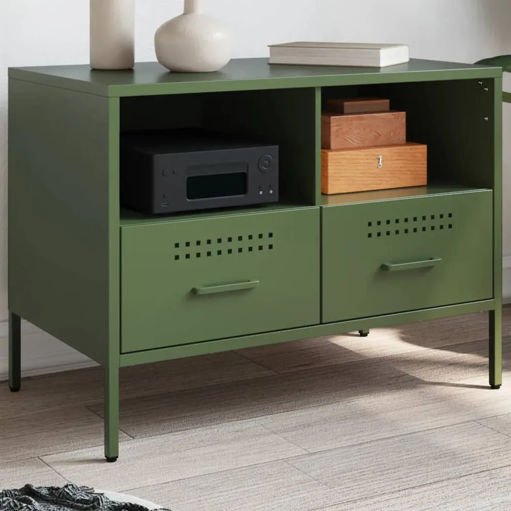 Móvel de TV 68x39x50,5 cm ço verde-azeitona Estofamento em Couro Sintético