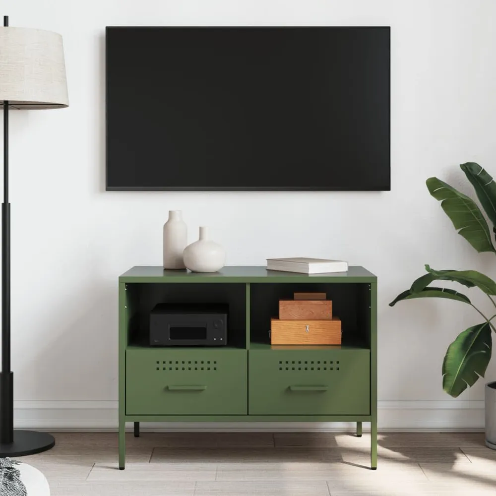 Móvel de TV 68x39x50,5 cm ço verde-azeitona Estofamento em Couro Sintético