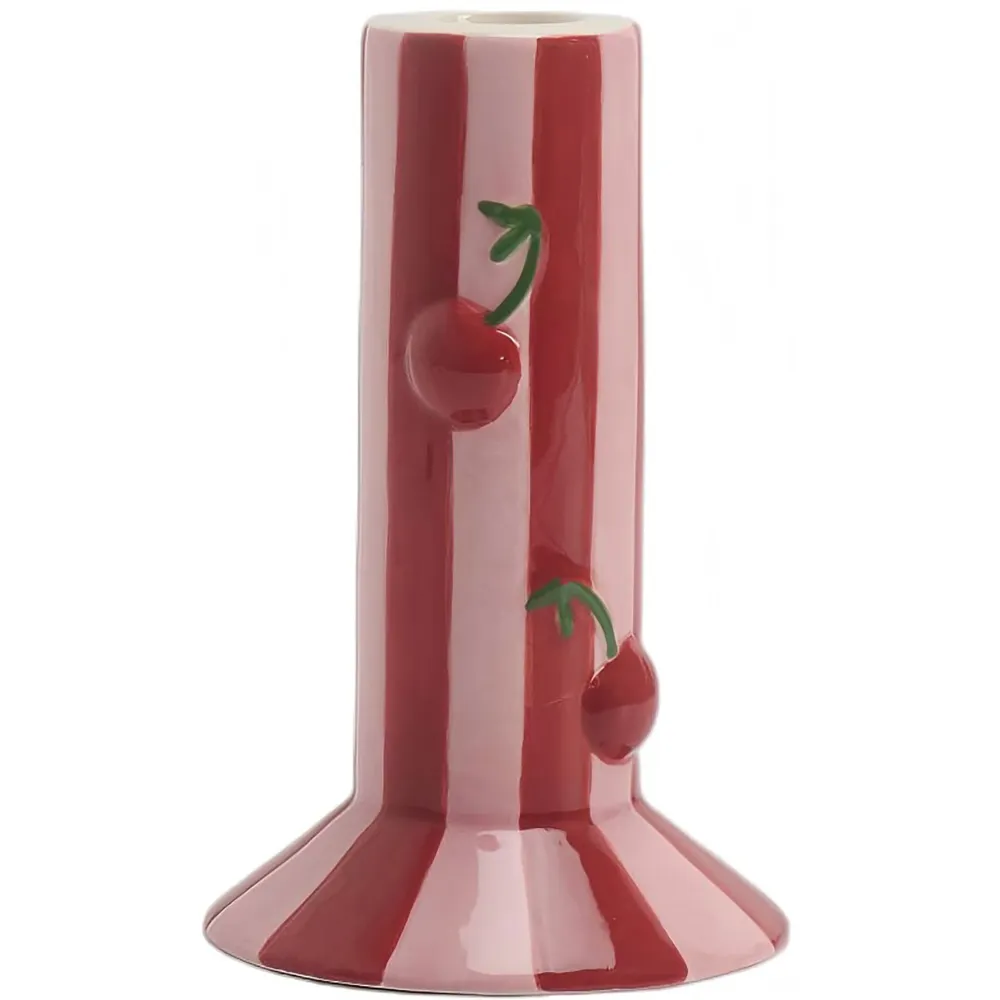 Suporte Vela Cerâmica Riscas Rosa para Velas Grossas