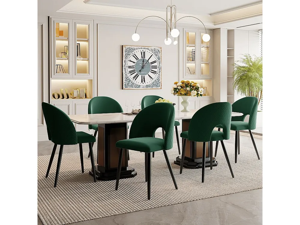Conjunto de 6 cadeiras de veludo - pernas metálicas ajustáveis - com encosto - verde