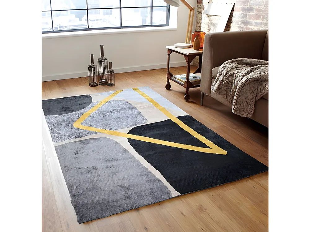 Tapete estilo contemporâneo PICADILLY - Poliéster - 160 x 230 cm - Cinza, preto e dourado OZAIA