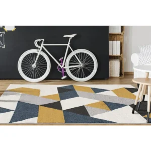 Tapete geométrico escandinavo GEOMIE - Polipropileno - 160x230 cm - Amarelo, cinza e azul OZAIA