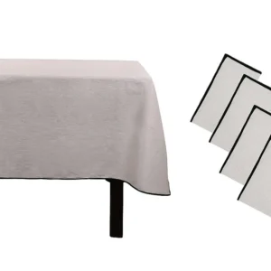 Conjunto toalha + 4 guardanapos de mesa em linho com borda preta. Taupe 170x170 cm BORINA OZAIA