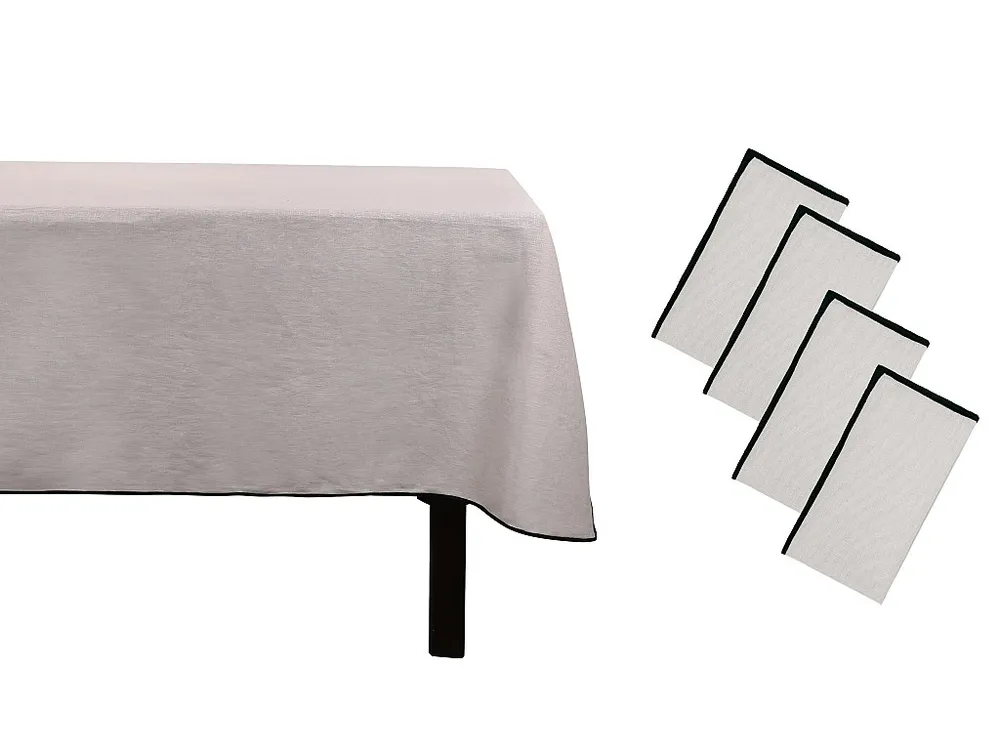 Conjunto toalha + 4 guardanapos de mesa em linho com borda preta. Taupe 170x170 cm BORINA OZAIA
