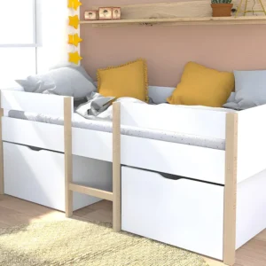 Cama de altura média 2 gavetas 90 x 190 cm branco e cor carvalho com colchão SISSY para Grávidas