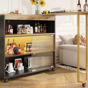 Aparador、Gabinete de bar giratório e retrátil com LED - compartimentos de arrumação - Preto