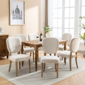 Conjunto de 6 cadeiras para sala de jantar - Tecido de linho - com encosto decorado com tachas de cobre - Pernas maciças d...