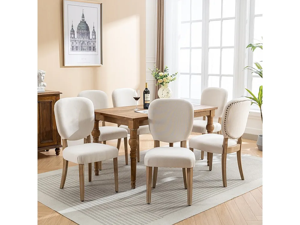 Conjunto de 6 cadeiras para sala de jantar - Tecido de linho - com encosto decorado com tachas de cobre - Pernas maciças d...