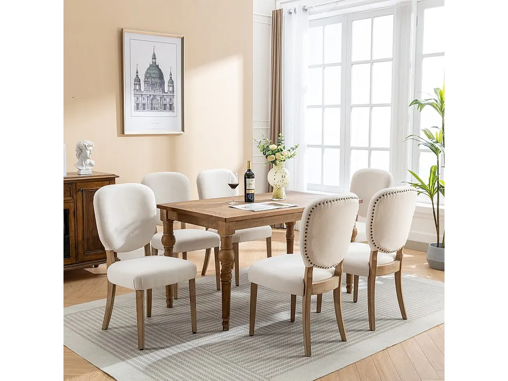 Conjunto de 6 cadeiras para sala de jantar - Tecido de linho - com encosto decorado com tachas de cobre - Pernas maciças d...