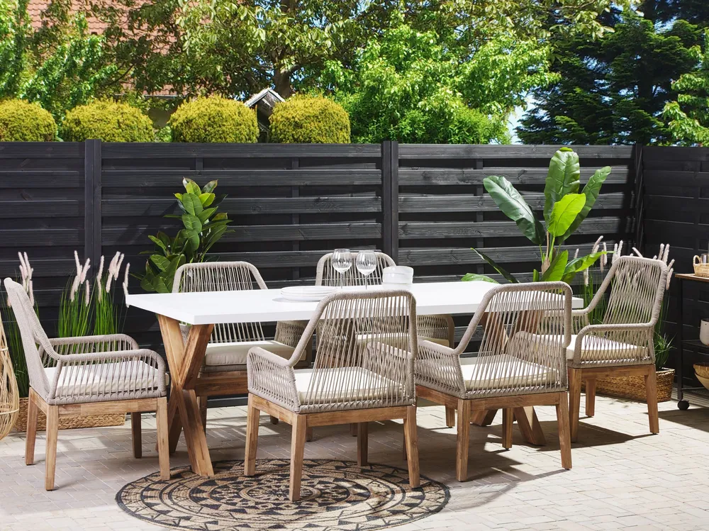 Conjunto de jardim com mesa 200 x 100 cm e 6 cadeiras em branco e creme OLBIA