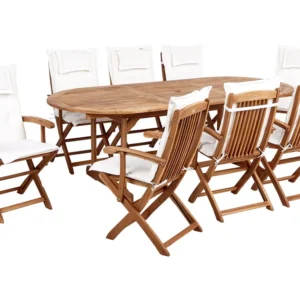 Conjunto de jardim 8 lugares em madeira de acácia clara com almofadas brancas-creme MAUI II