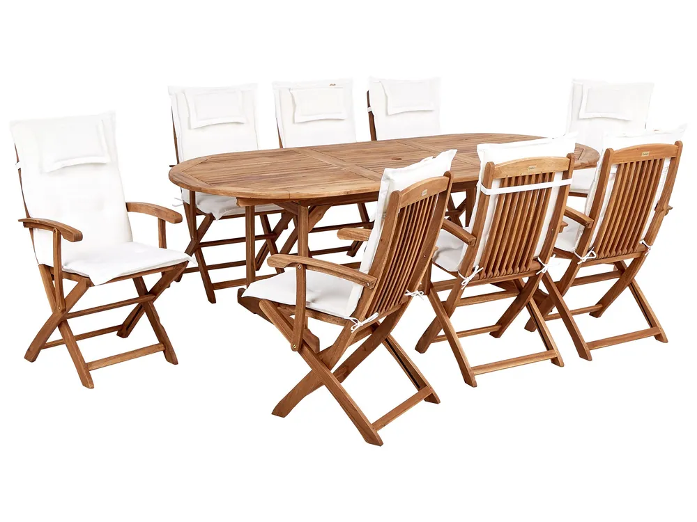 Conjunto de jardim 8 lugares em madeira de acácia clara com almofadas brancas-creme MAUI II