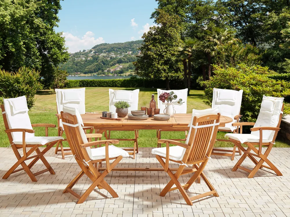 Conjunto de jardim 8 lugares em madeira de acácia clara com almofadas brancas-creme MAUI II