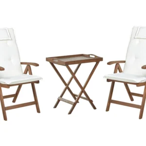 Conjunto de varanda em madeira escura de acácia com almofadas branco creme AMANTEA