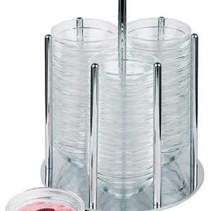 Distribuidor de tigelas APS -MINI-, Ø 14 cm, altura: 25,5 cm, metálico cromado, incluindo 36 tigelas de vidro Ø 6 cm, 11981