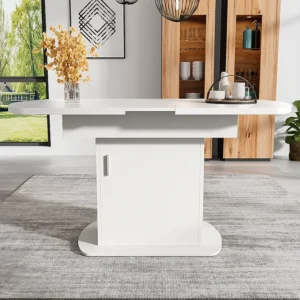 Mesa de jantar oval extensível para 4 6 talheres com prateleiras - C110/130xL70xA75cm - Aglomerado - Branco + prata