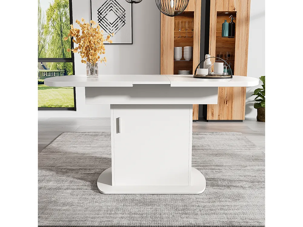 Mesa de jantar oval extensível para 4 6 talheres com prateleiras - C110/130xL70xA75cm - Aglomerado - Branco + prata
