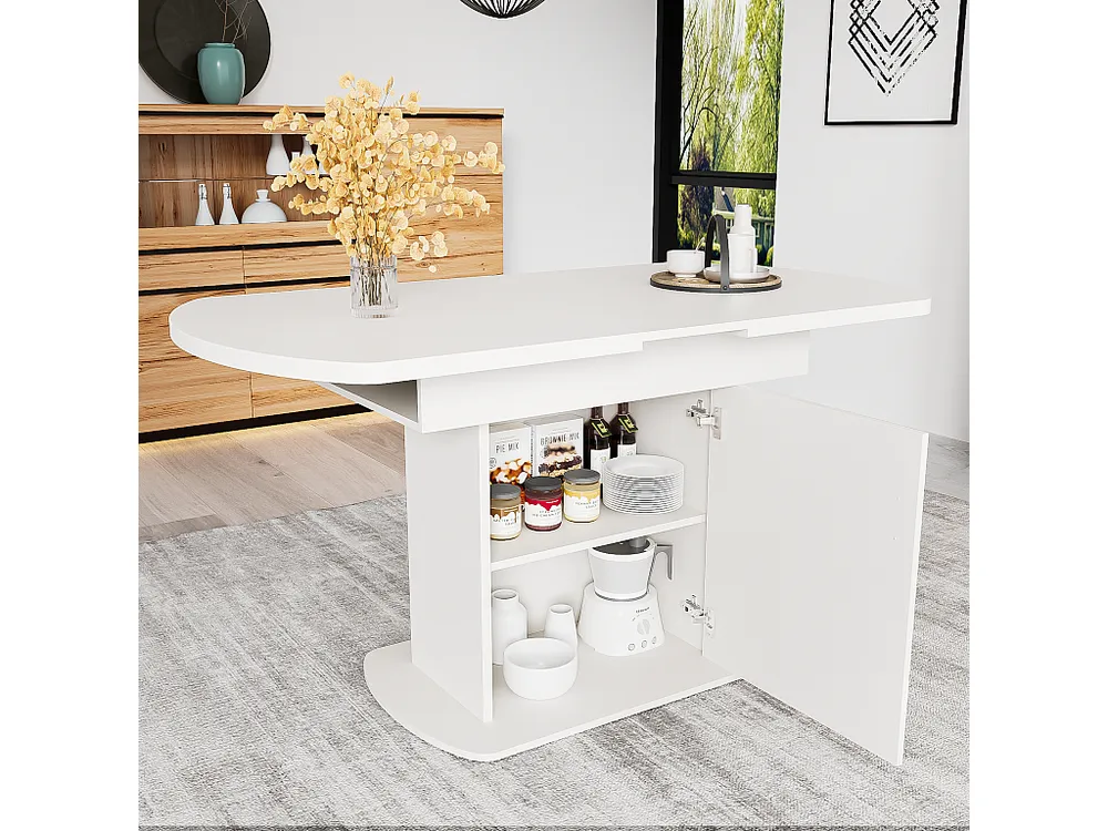 Mesa de jantar oval extensível para 4 6 talheres com prateleiras - C110/130xL70xA75cm - Aglomerado - Branco + prata