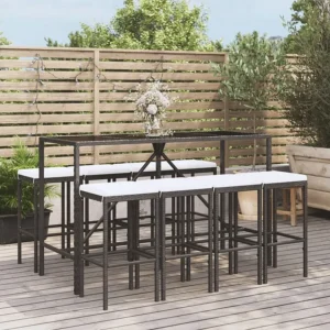 9 peças conjunto de bar para jardim com almofadões vime PE preto