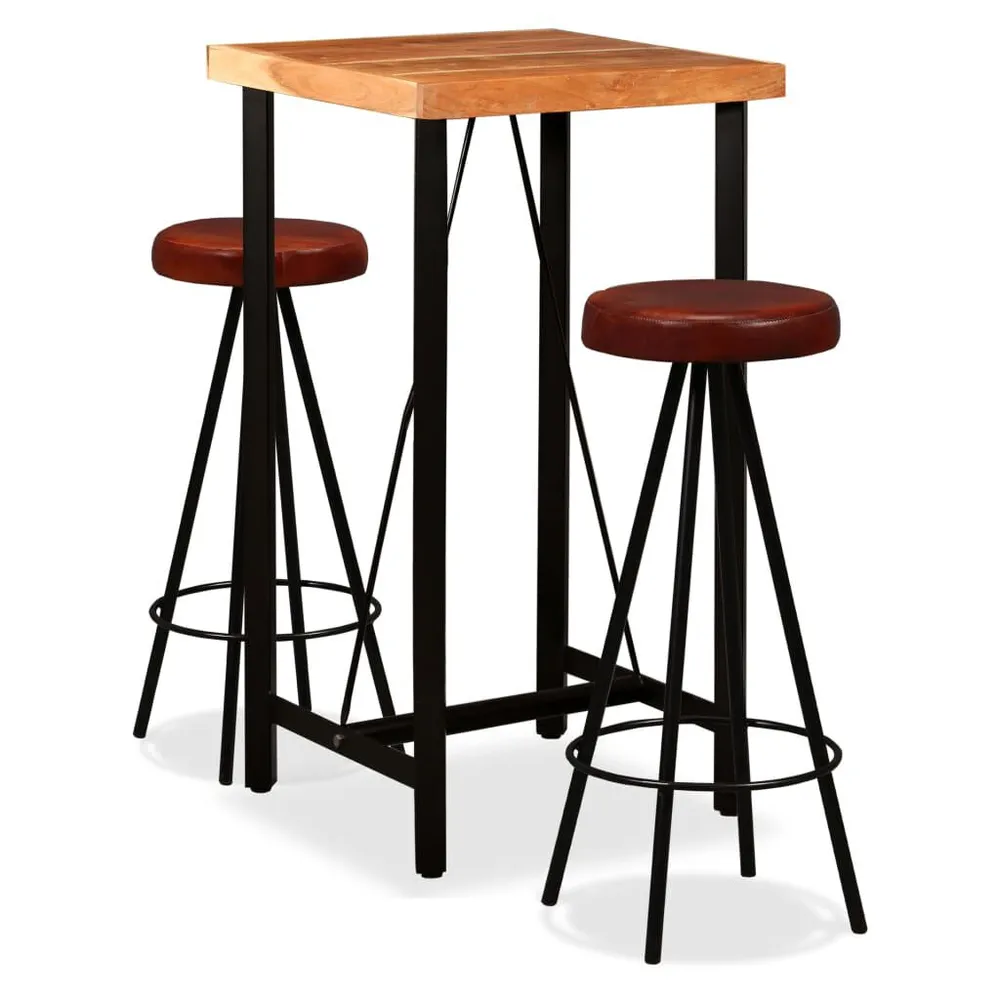 Conjunto de bar 3 pcs madeira acácia maciç e couro genuíno