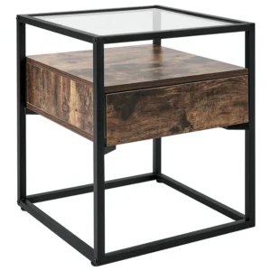 1 Drawer Glass Top Side Table Dark Wood Black MAUK