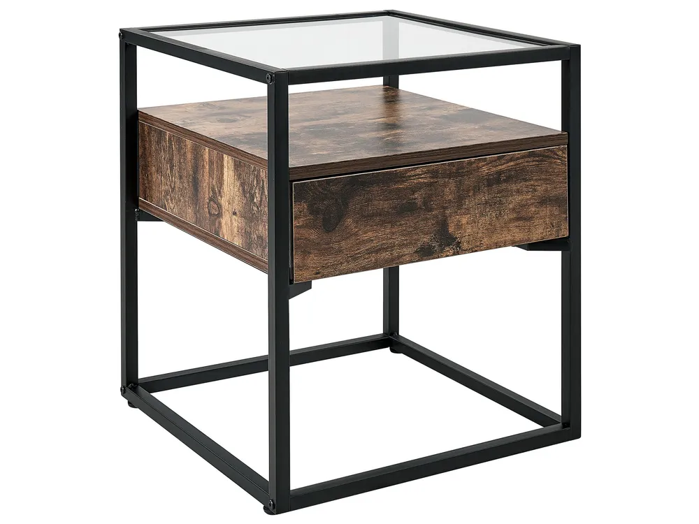 1 Drawer Glass Top Side Table Dark Wood Black MAUK