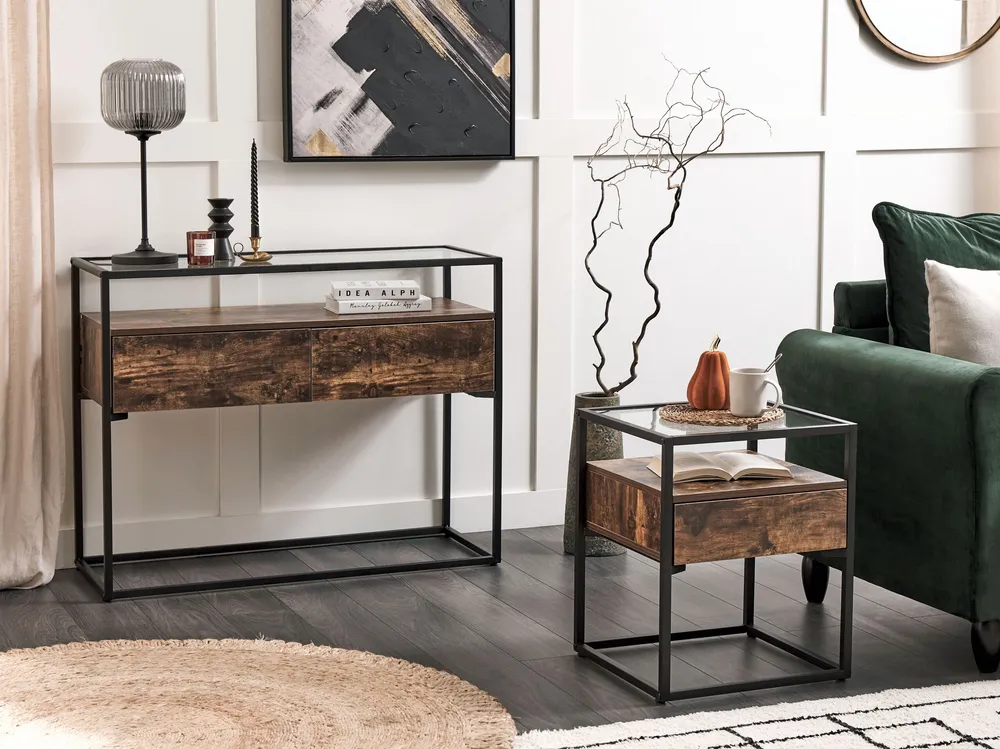 1 Drawer Glass Top Side Table Dark Wood Black MAUK