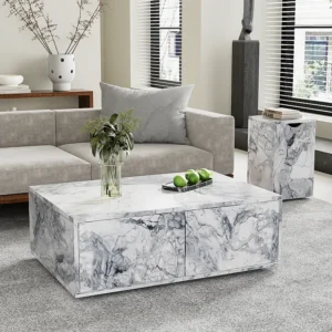 Mesa de centro combinada, conjunto de 2 mesas de centro - 100x33,5x70cm + 32x32x50cm - Efeito mármore - Madeira MDF - Branco