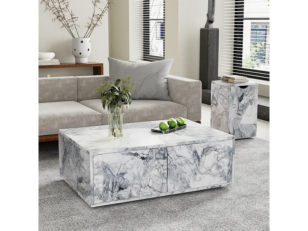 Mesa de centro combinada, conjunto de 2 mesas de centro - 100x33,5x70cm + 32x32x50cm - Efeito mármore - Madeira MDF - Branco