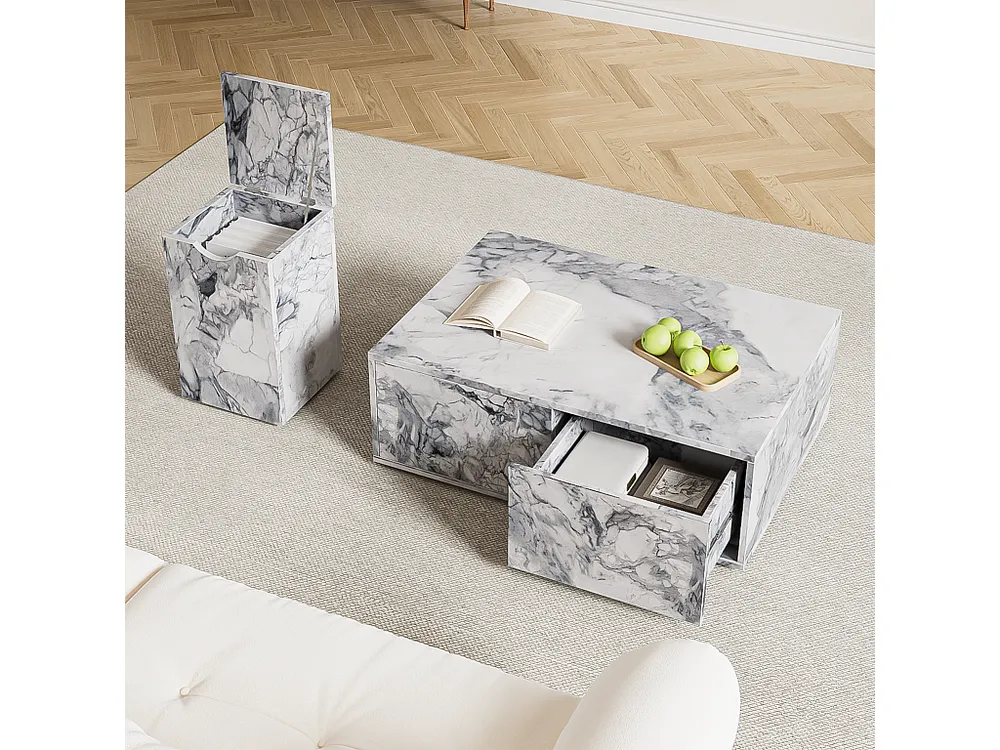 Mesa de centro combinada, conjunto de 2 mesas de centro - 100x33,5x70cm + 32x32x50cm - Efeito mármore - Madeira MDF - Branco