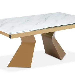 Mesa de jantar extensível Icaria em vidro com efeito mármore branco e pés dourados.