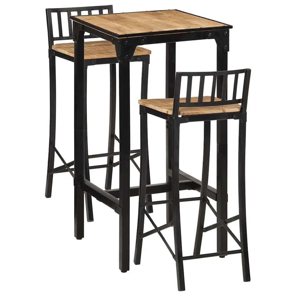 3 pcs conj. de bar madeira de mangueira áspera maciç e metálico