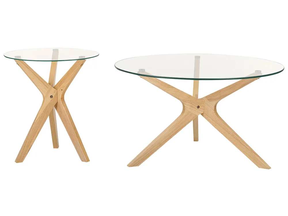 Set 2 Glass Top Coffee Tables Light Wood VALLEY