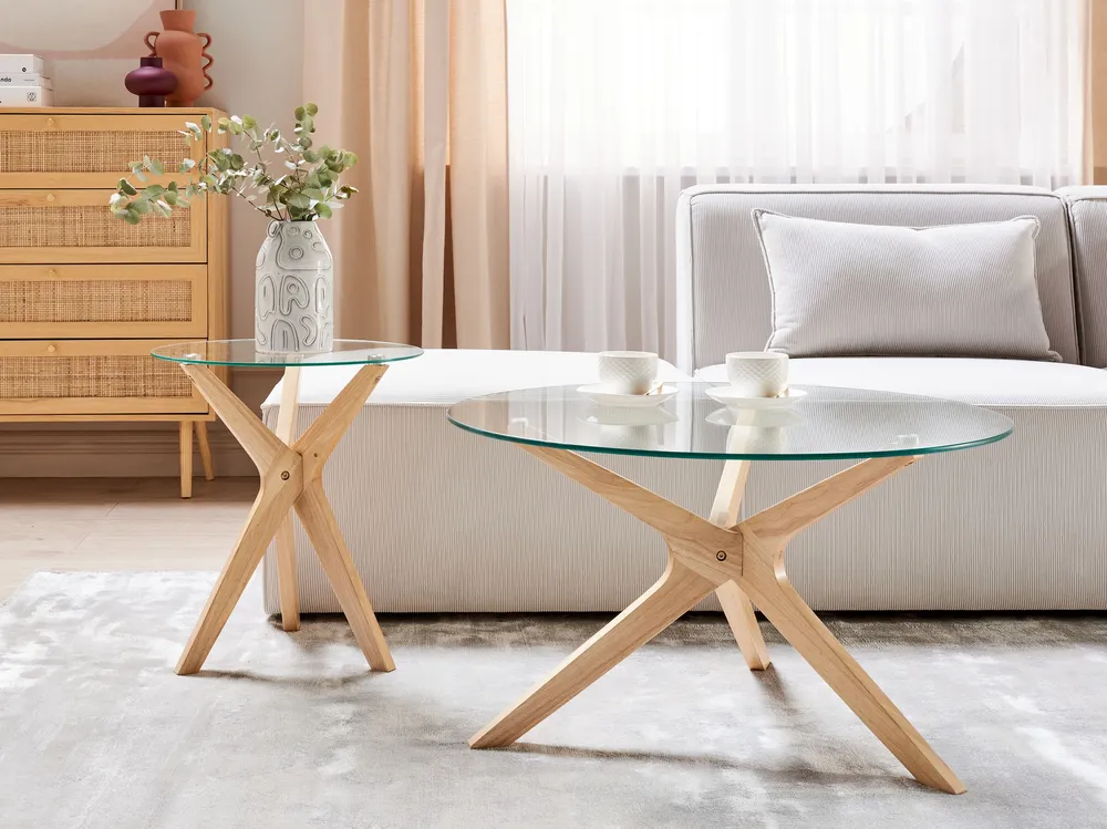 Set 2 Glass Top Coffee Tables Light Wood VALLEY