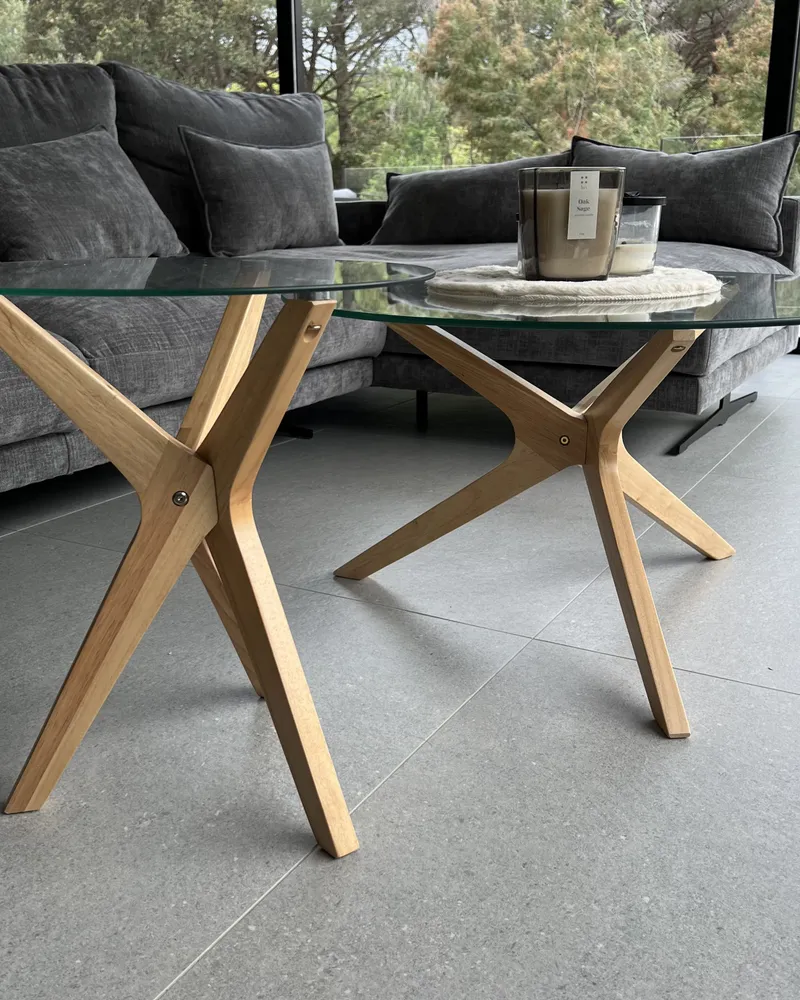 Set 2 Glass Top Coffee Tables Light Wood VALLEY